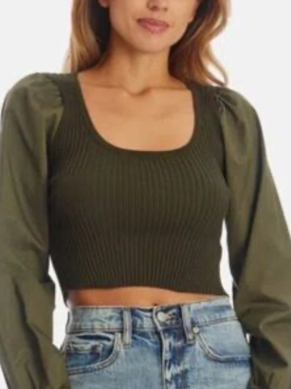 En Saison Olive Green and Black Puff Sleeve Ribbed Crop Top